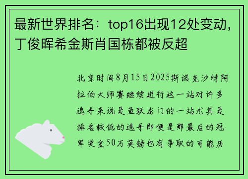 最新世界排名:top16出现12处变动,丁俊晖希金斯肖国栋都被反超 最新世界排名:top16出现12处变动,丁俊晖希金斯肖国栋都被反超